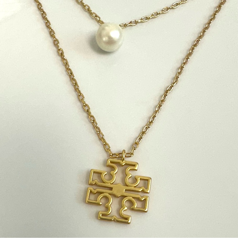 New Tory Burch Britten Gold Tone Double Strand Layered, Logo with Pearl Charm